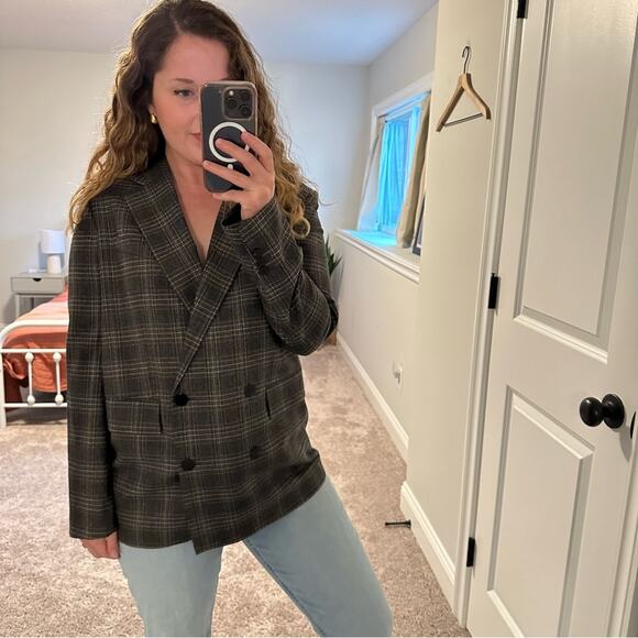 Theory Gray Plaid Wool Double Breasted Blazer Jacket 8 - Picture 4 of 14